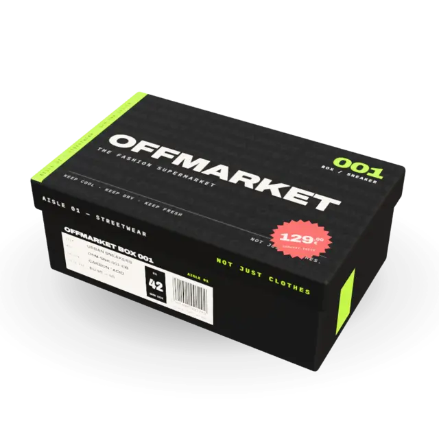 OFFMARKET BOX 001, caja de zapatillas con estética de supermercado